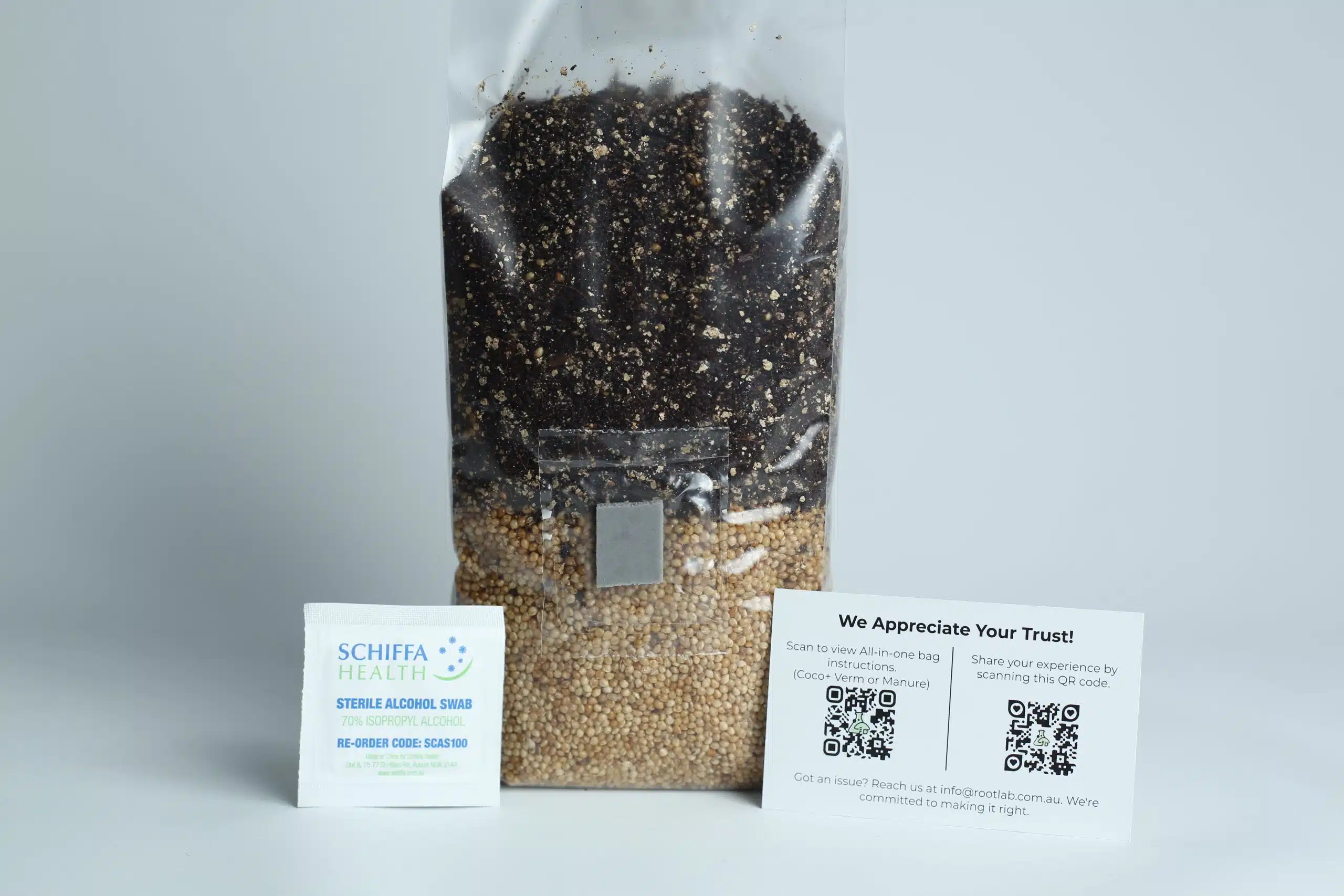 Monotub Mushroom Growing Kit-Premium 6 The Monotub Mushroom Growing Kit-Premium includes a soil and seed bag, sterile alcohol swab packet, and an instruction card with setup QR codes for easy mushroom cultivation.