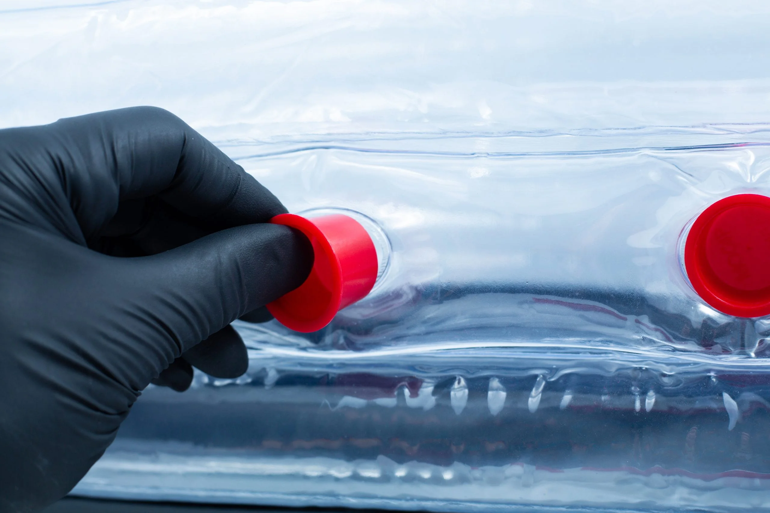 Monotub Mushroom Growing Kit-Premium 12 Gloved hand opening a red cap on a clear plastic inflatable or medical isolation chamber.