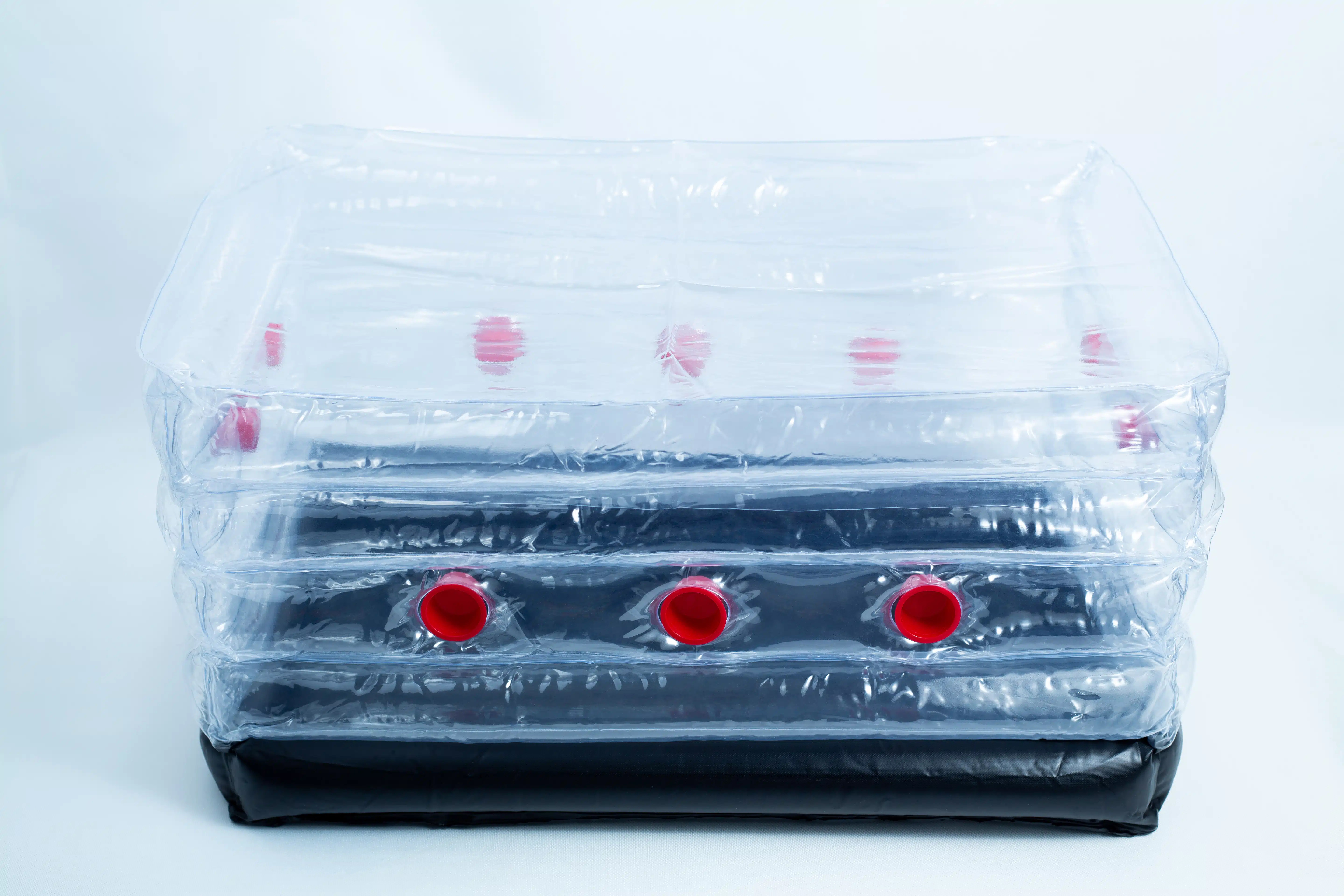 Monotub Mushroom Growing Kit-Premium 10 A clear inflatable plastic box with red caps and a black base, set against a white background.