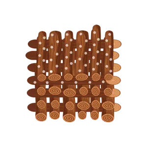 Illustration of a woven wooden mat with vertical and horizontal logs, featuring white dots on the top half.