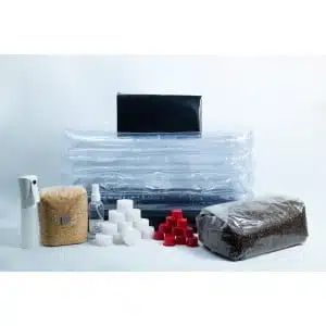 Mushroom growing kit with a plastic tent, substrate bag, spray bottle, sponges, and red caps.