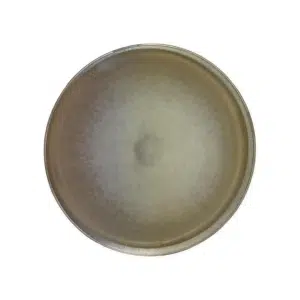 Round ceramic plate with a gradient brown and grey finish, viewed from above on a white background.