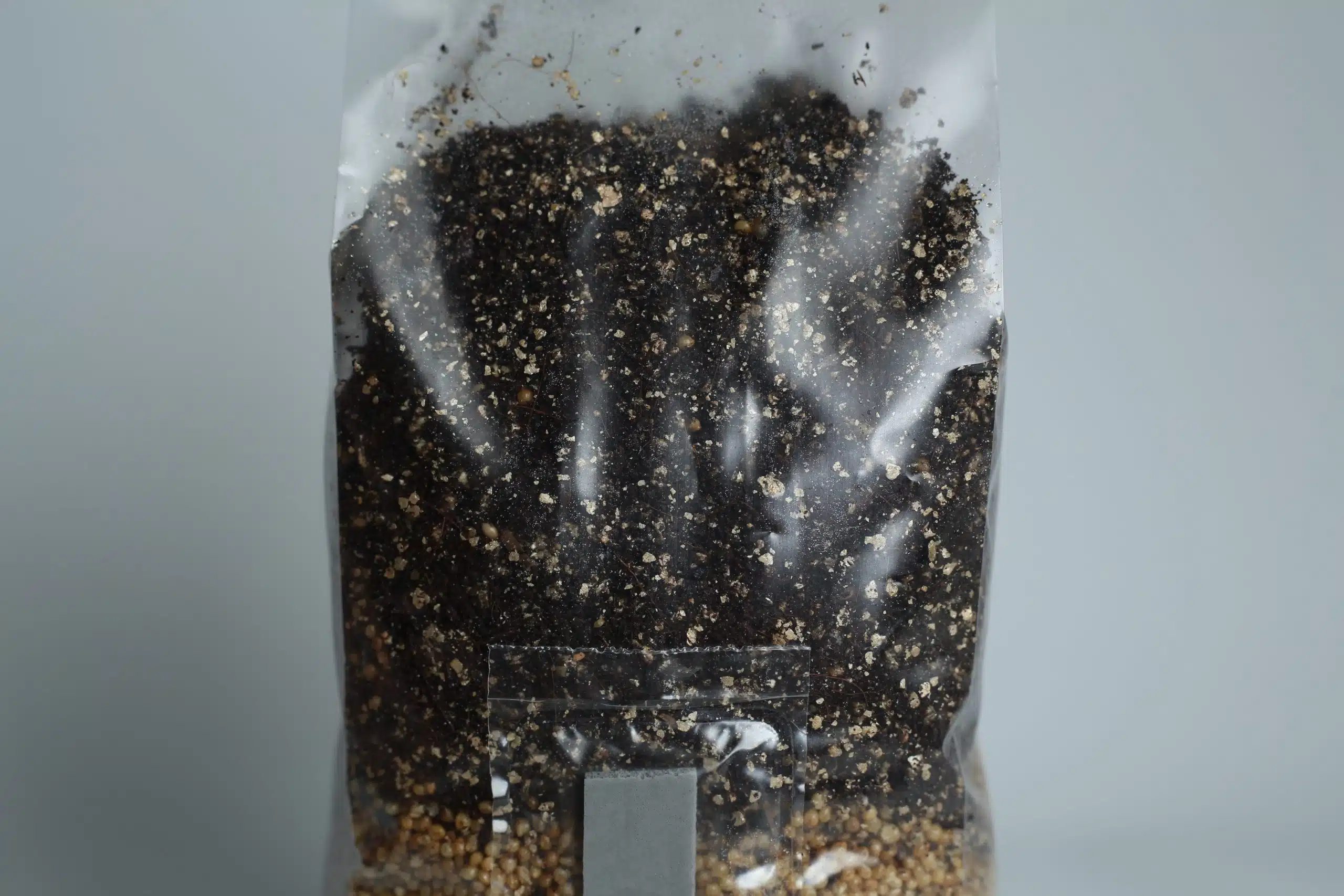 Manure Based All in One Mushroom Grow Bag |1kg 3 A clear plastic bag filled with potting compost and small stones, sealed at the top.