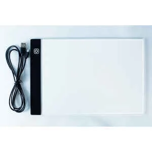 A USB cable and a flat, rectangular LED light pad for tracing on a white background.