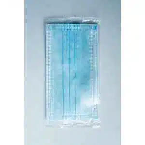 A Disposable Face Mask/Unit Individually wrapped in transparent plastic packaging is displayed on a light background.