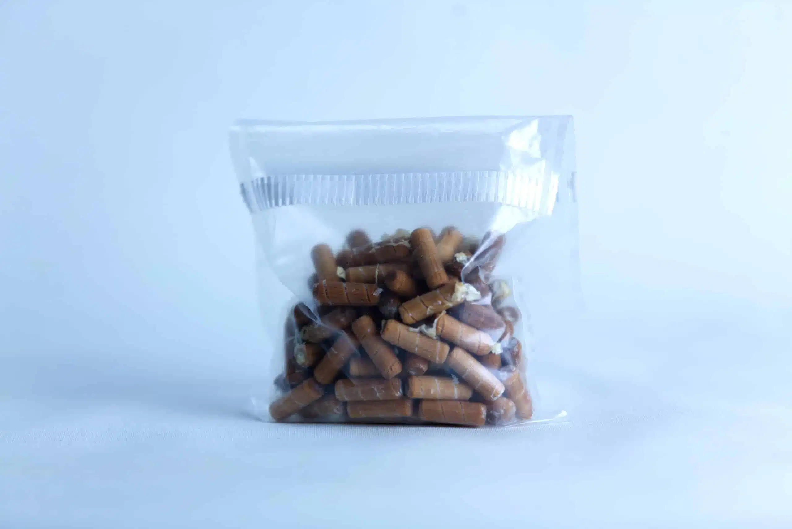 Clear plastic bag containing Log Dowel Mushroom Plug Spawn for Yellow Oyster (Pleurotus citrinopileatus) is pictured against a light blue background.