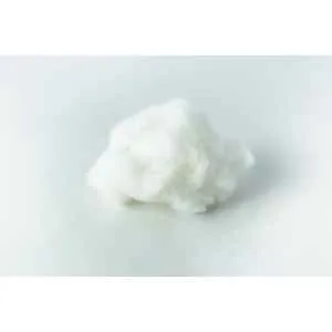 A small, fluffy white ball of cotton against a plain white background.