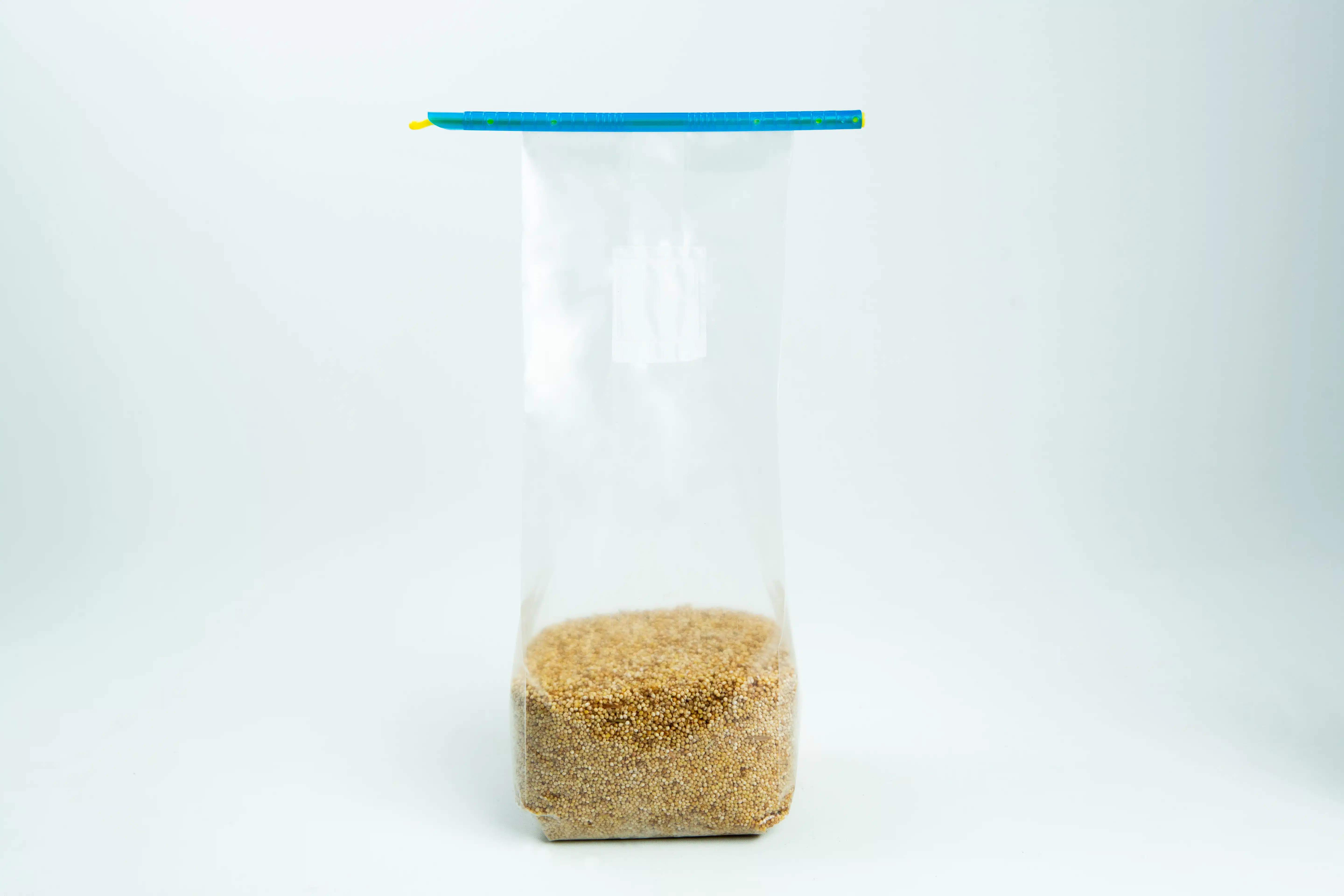 A clear plastic zip bag partially filled with brown granulated sugar, standing upright on a white background.