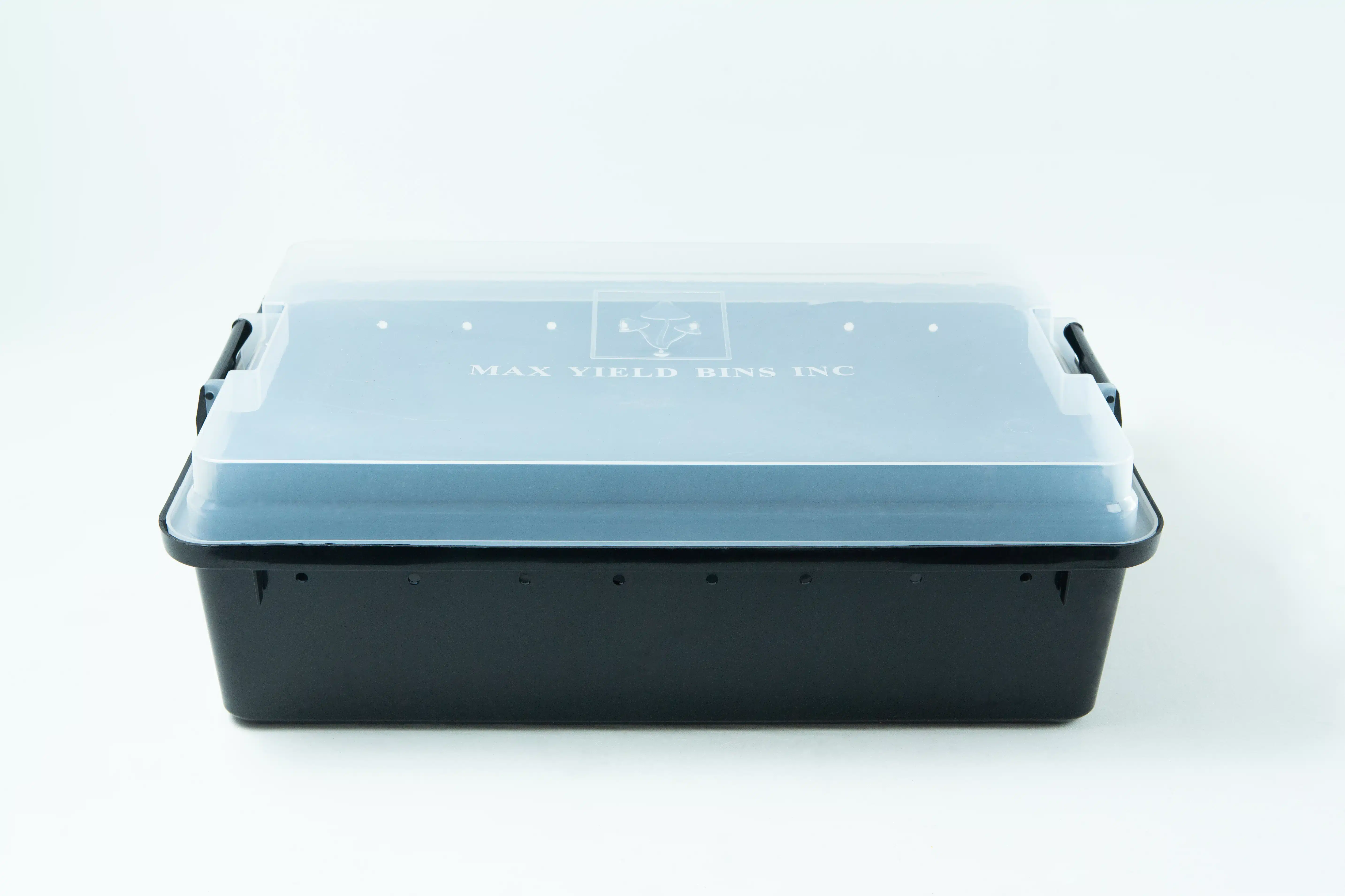 Monotub kit for Growing mushrooms- Max Yield Bins 5 A black plastic storage box with a clear lid and side handles on a white background.
