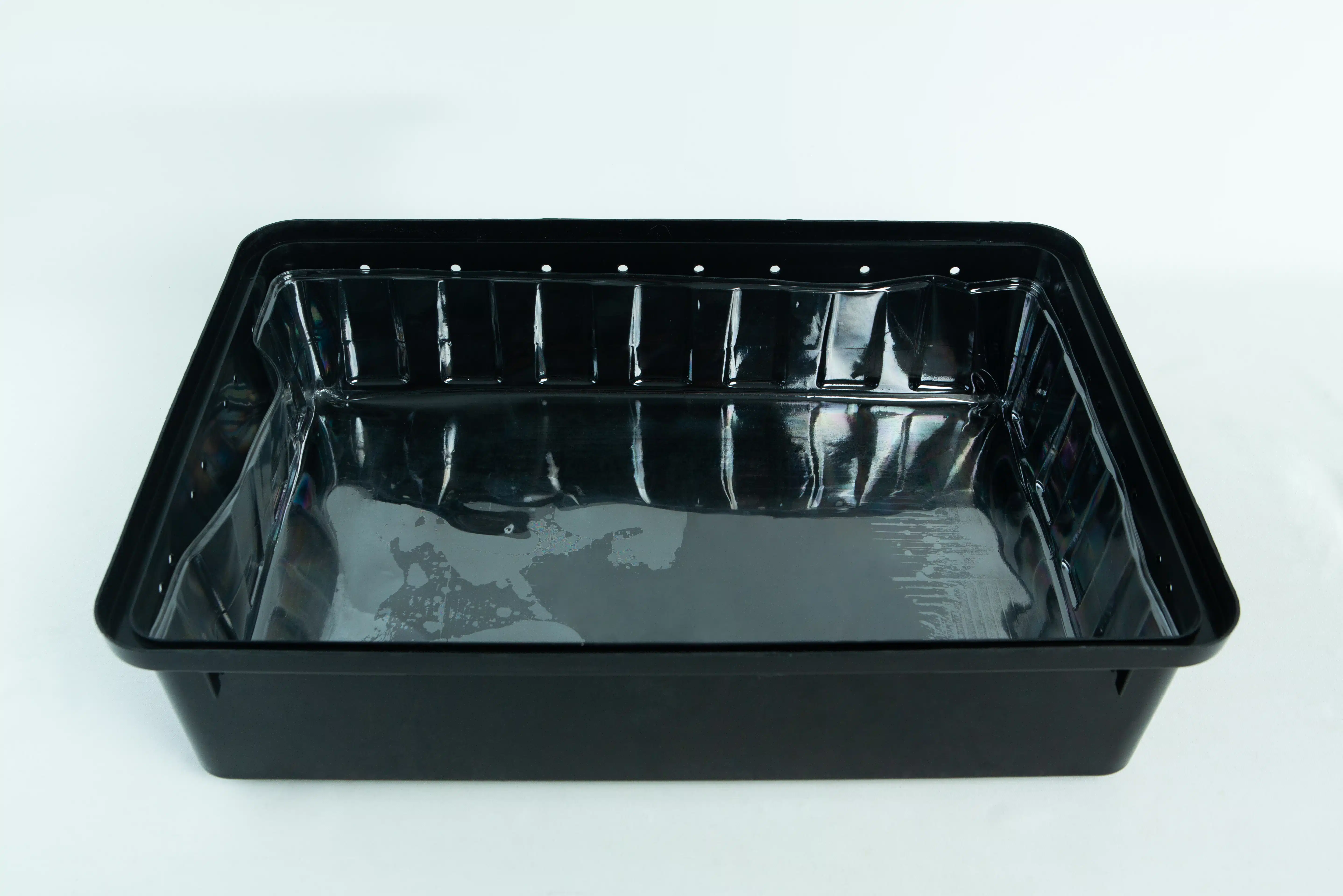 Monotub kit for Growing mushrooms- Max Yield Bins 7 A black, rectangular plastic tray with a glossy finish on a white background.