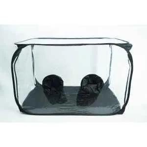 Clear pop-up box with two black fabric sleeves on the bottom panel, used for handling items inside safely.