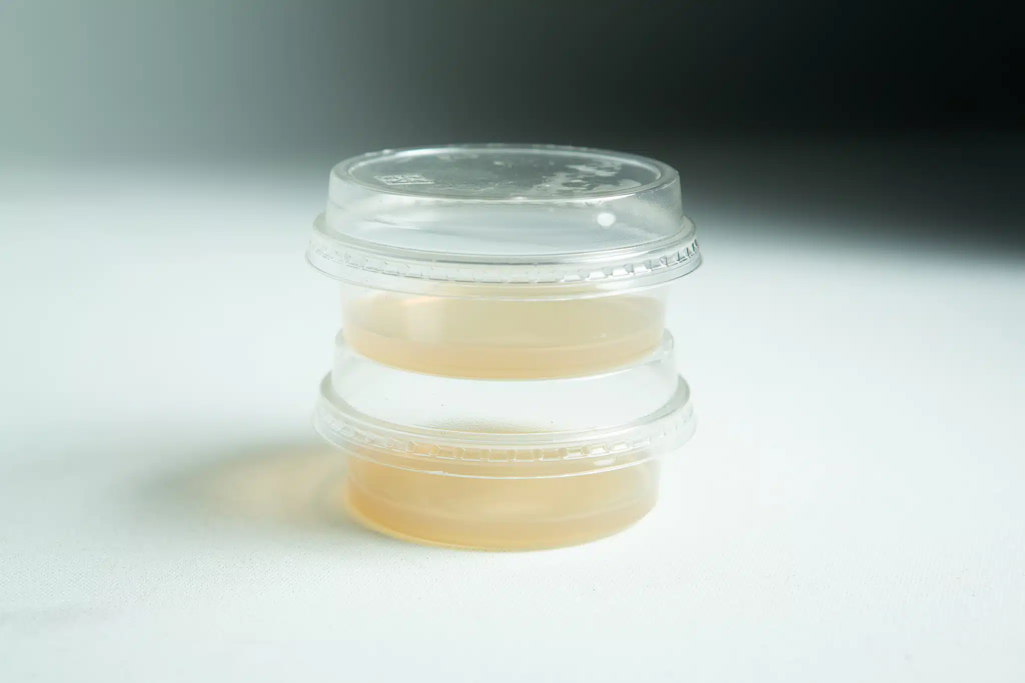 Two clear Biodegradable Agar Cups | MEA | MEAG are stacked, each containing a yellowish liquid, displayed against a white background.