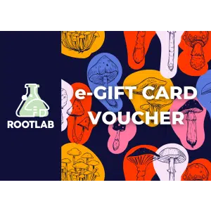 Colourful illustrated mushrooms with "e-Gift Card Voucher" and ROOTLAB text on a patterned background.