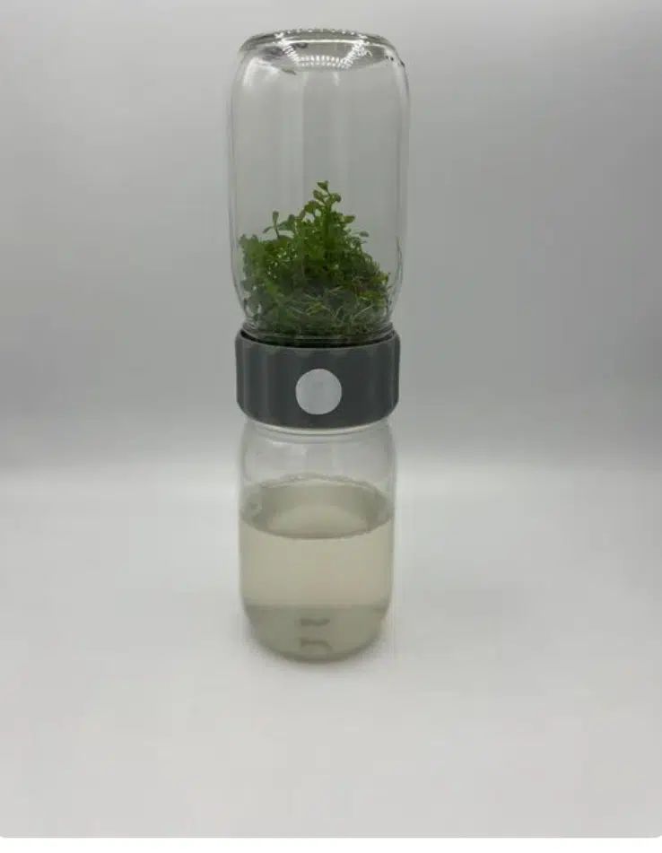 The Plant Cell Biocoupler™ Glass Set (470ml, 350ml, 230ml) features a glass bottle with green plants on top, cloudy liquid at the bottom, and a grey cap connecting them.