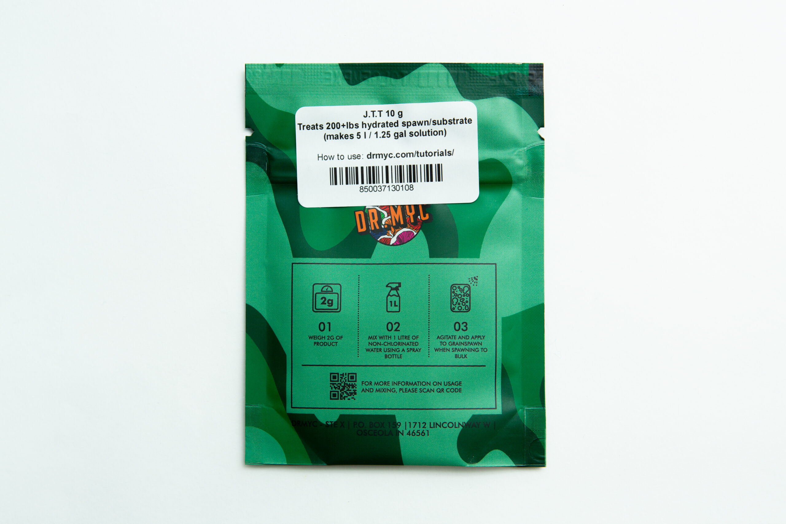 DRMyc Just-the-Trich - For Substrate Vitality 2 Green packet labelled โDRMyc Adaptive Liquid Culture Premixโ with instructions for treating 20+ lbs hydrated substrate; barcode at top. Ideal for use alone or with Adaptive Liquid Culture.