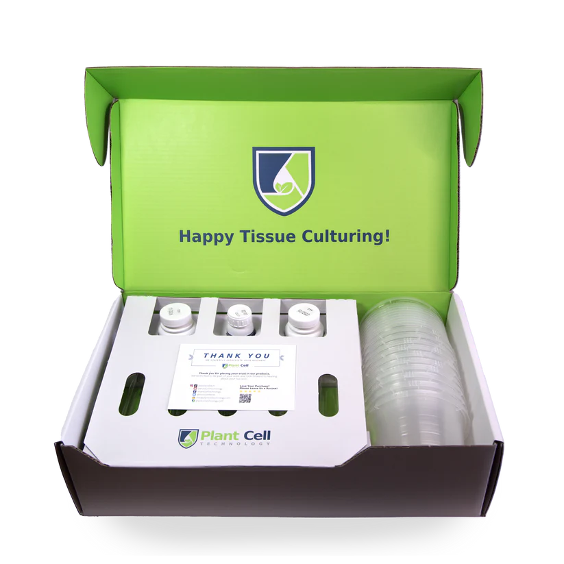Plant Cell Tissue Culture Starter Kit 1 The Plant Cell Tissue Culture Starter Kit includes jars, petri dishes, and a thank you card, all packaged in a green Plant Cell box.