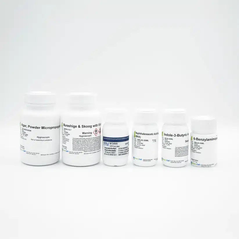 Plant Cell Tissue Culture Starter Kit 4 The Plant Cell Tissue Culture Starter Kit includes six labelled white laboratory bottles, arranged in a row on a plain white backgroundโperfect for tissue culture or as part of a plant cell starter kit.