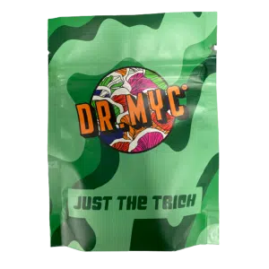 Green camouflage bag labelled "DRMyc Just-the-Trich – For Substrate Vitality" features colourful mushroom art and the phrase "JUST THE TRICH" at the bottom.