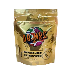 Gold pouch labelled DRMyc Adaptive Liquid Culture Premix, 100g, makes 21 pints of liquid culture, features a colourful logo.