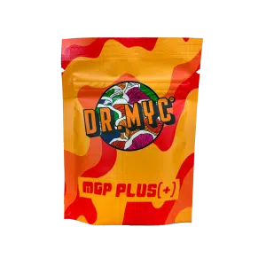 A colourful DRMyc MGP Plus - Growth Promotion + Substrate Vitality pouch featuring a mushroom design on the front.
