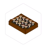 Illustration of mushrooms growing in a rectangular wooden box with soil, viewed from above—perfect for showcasing essential mushroom growing supplies.