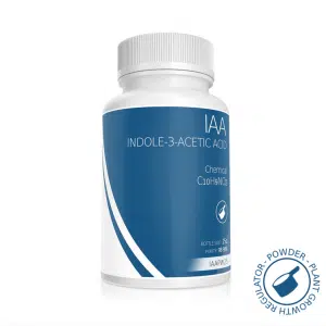 White bottle labelled Plant Cell Indole-3-Acetic Acid (IAA) Powder, featuring a blue and white design and a growth regulator seal.