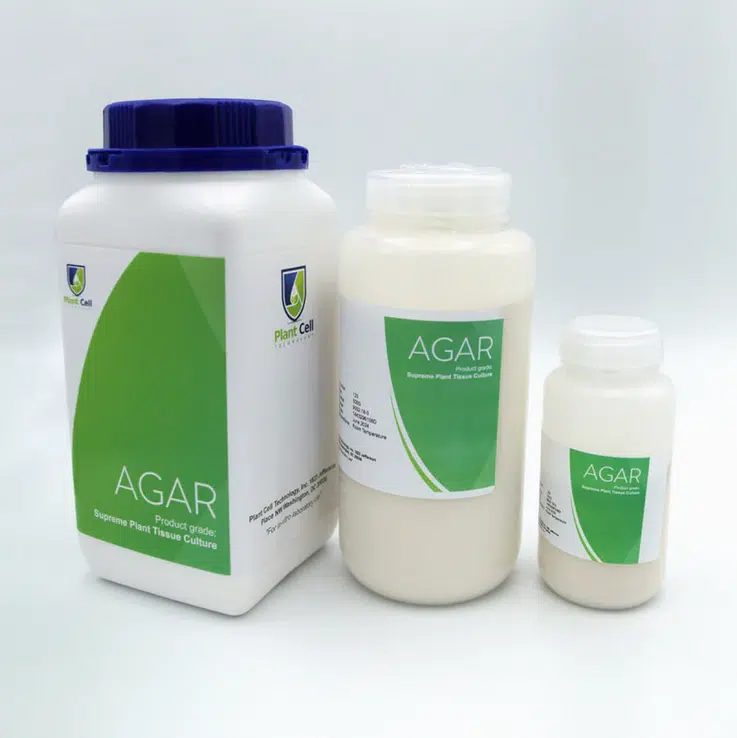 Plant Cell Supreme TC Grade Agar 2 Three white containers of Plant Cell Supreme TC Grade Agar powder, featuring green and white labels and available in different sizes, arranged on a white background.