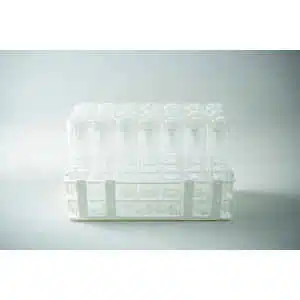 The Plant Cell Vented Plant TC Test Tubes with rack 12pc features a white plastic rack holding multiple clear test tubes with lids, displayed against a plain background.