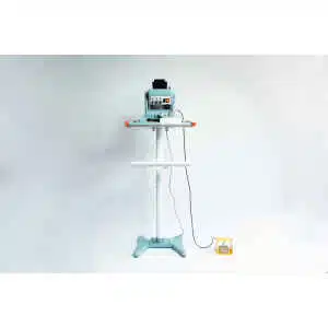 The Vertical Foot Heat Sealer VHVD 450mm Double 10mm by Venus is a standing industrial machine with a control panel and yellow foot pedal, shown against a white background.