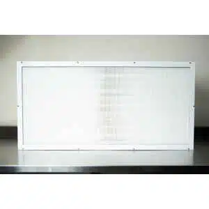 The Laminar Flow Hood H14 with pre-filter (120x60x35cm) features a rectangular white-framed air filter, shown on a metallic surface against a light background.