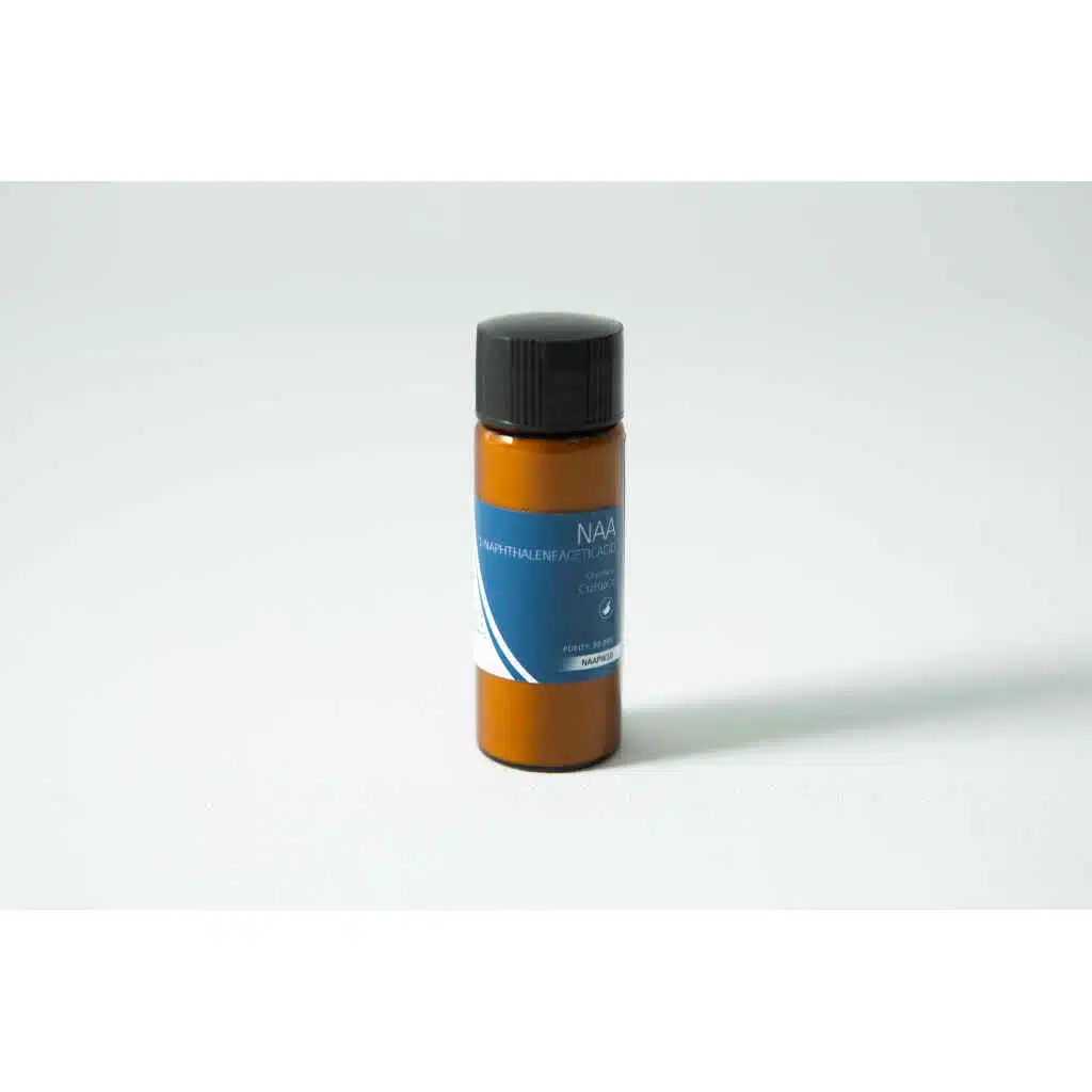 Small brown plastic bottle with black cap and blue label reading "Plant Cell Naphthaleneacetic (NAA) Powder" on a white surface.