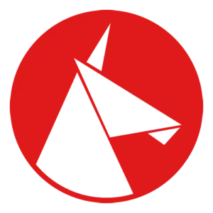 Minimalist white unicorn head in a red circle on a light grey background, inspired by the elegance of unicorn bags.