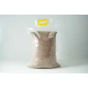 A sealed plastic bag of Certified Organic Biodynamic Rye berry grain, filled with brown grains and featuring a yellow handle at the top.