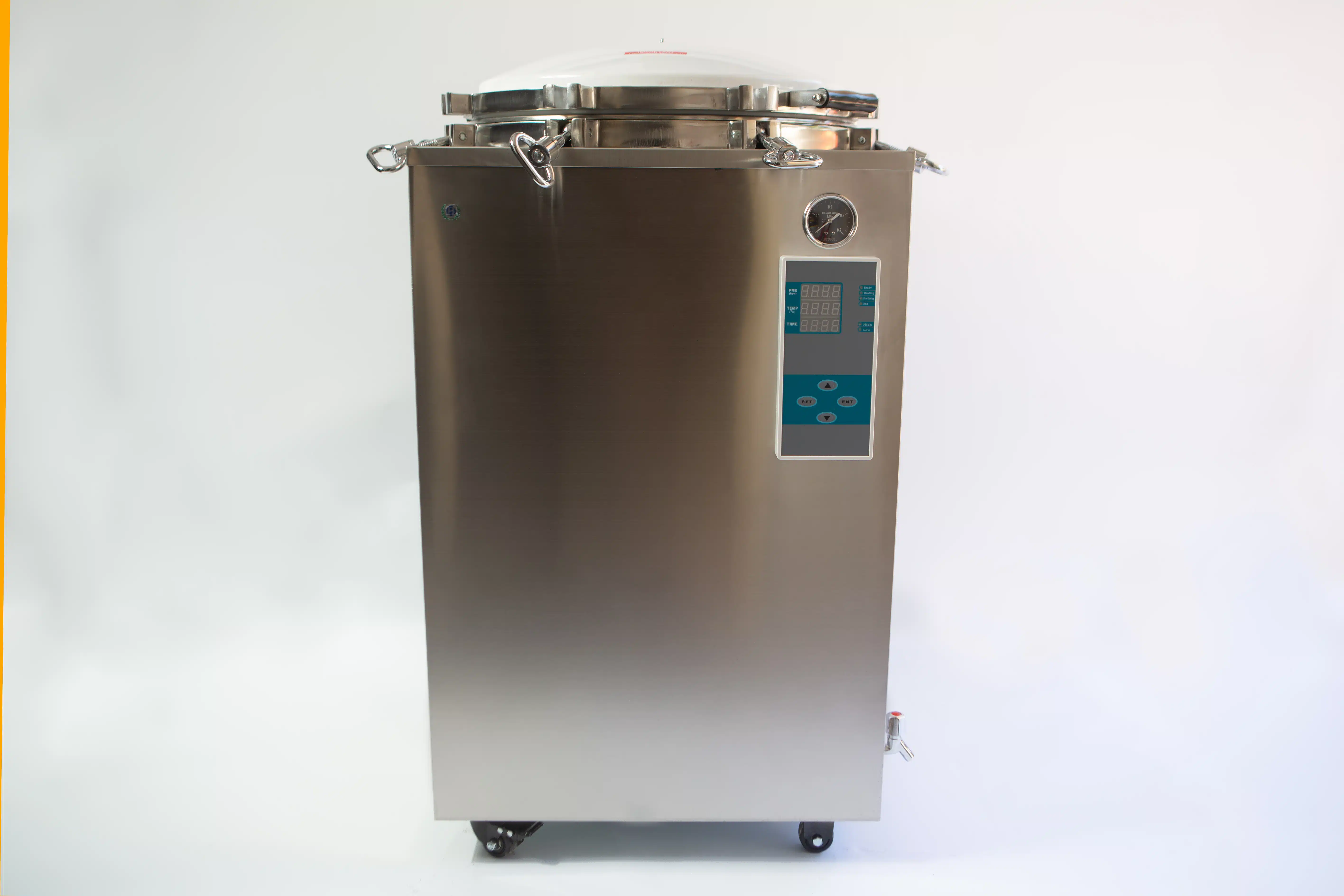 Vertical Autoclave 150 Liters (Automatic) | Commercial use | 6KW 6 A stainless steel autoclave machine with a control panel and pressure gauge on the front.