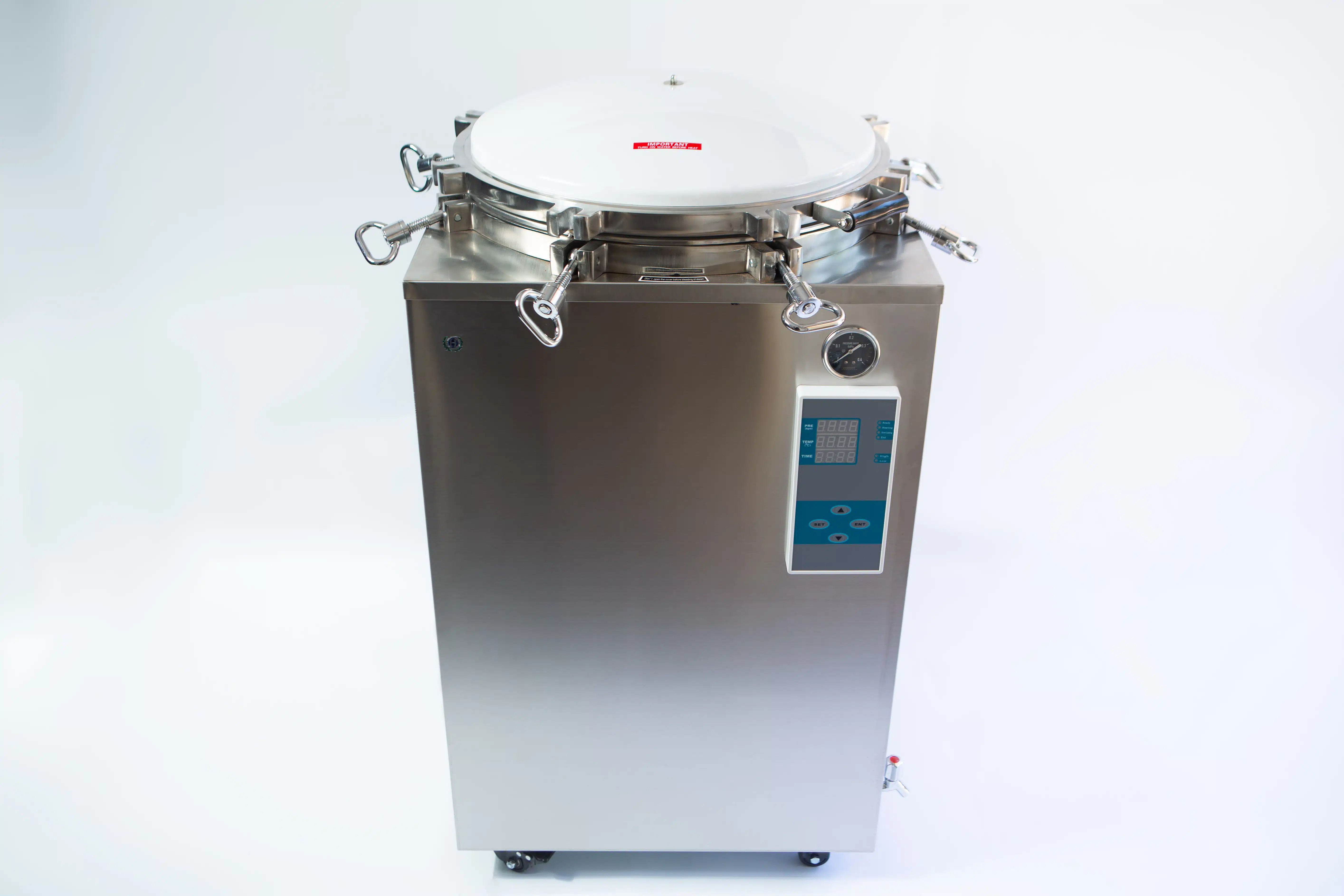 Vertical Autoclave 150 Liters (Automatic) | Commercial use | 6KW 1 A stainless steel autoclave machine with a round lid and digital control panel on a white background.