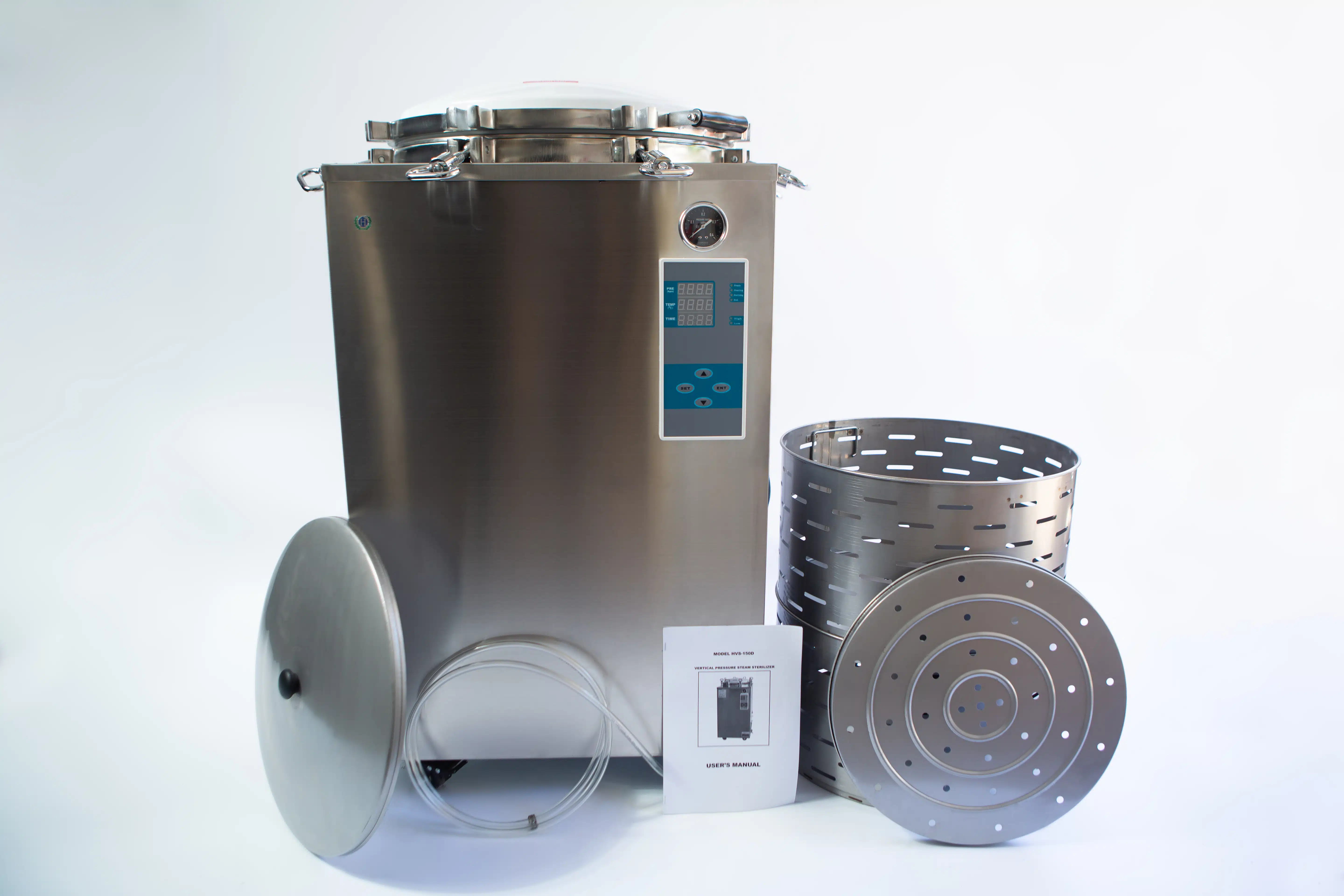 Vertical Autoclave 150 Liters (Automatic) | Commercial use | 6KW 2 A machine with a lid and a lid.