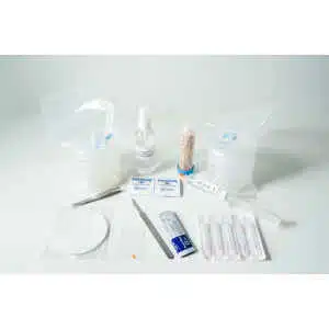 The Slime mould kit - Physarum polycephalum includes petri dishes, tweezers, syringes, Parafilm, spray bottle, scalpel, and more supplies arranged on a white surface.