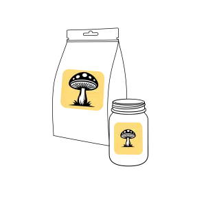 Simple line drawing of a bag and a jar, both labelled with a mushroom illustration on a yellow square background.