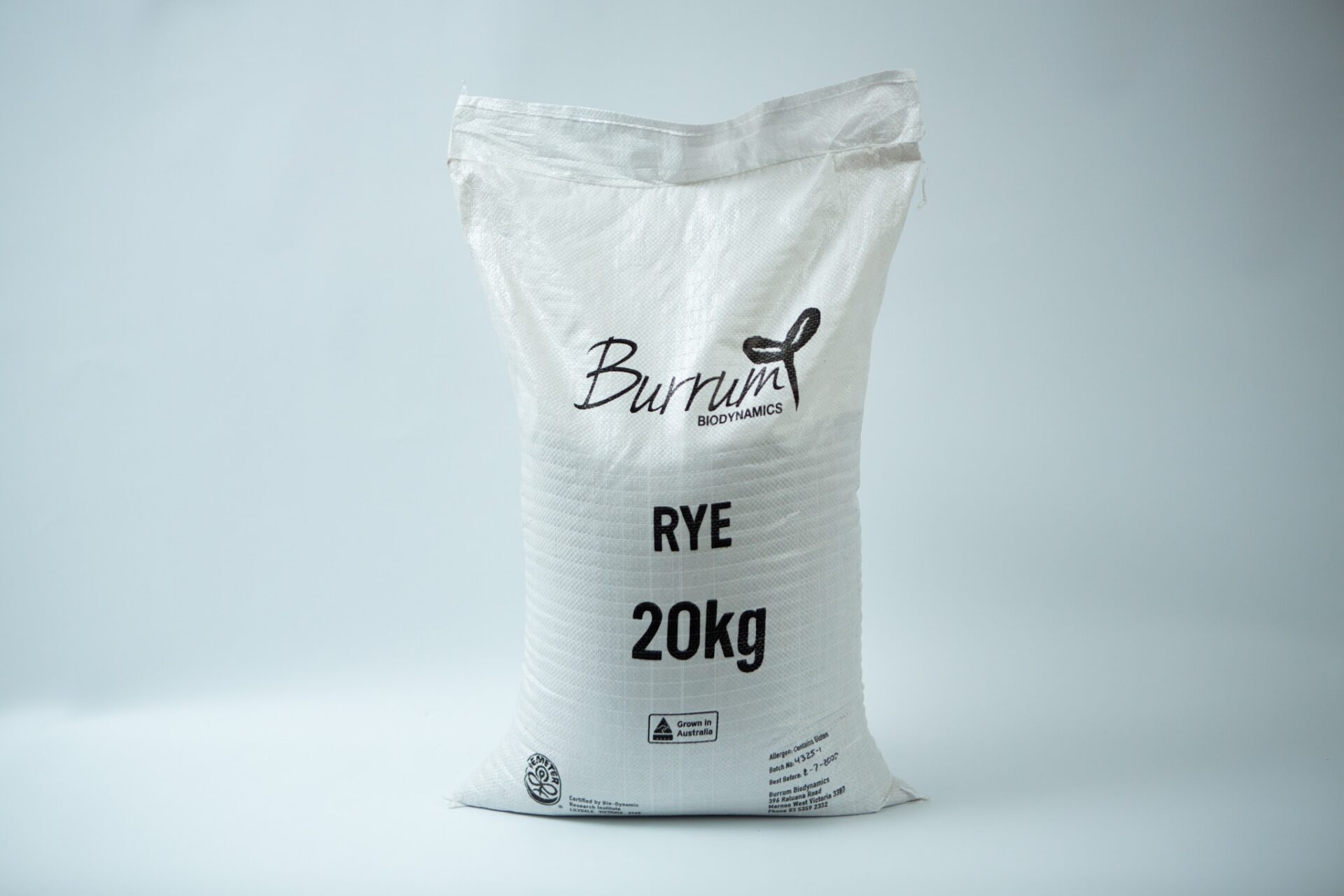 Certified Organic Biodynamic Rye berry grain 3 A white 20kg sack labelled Certified Organic Biodynamic Rye berry grain stands upright on a light background, filled with premium rye berries.