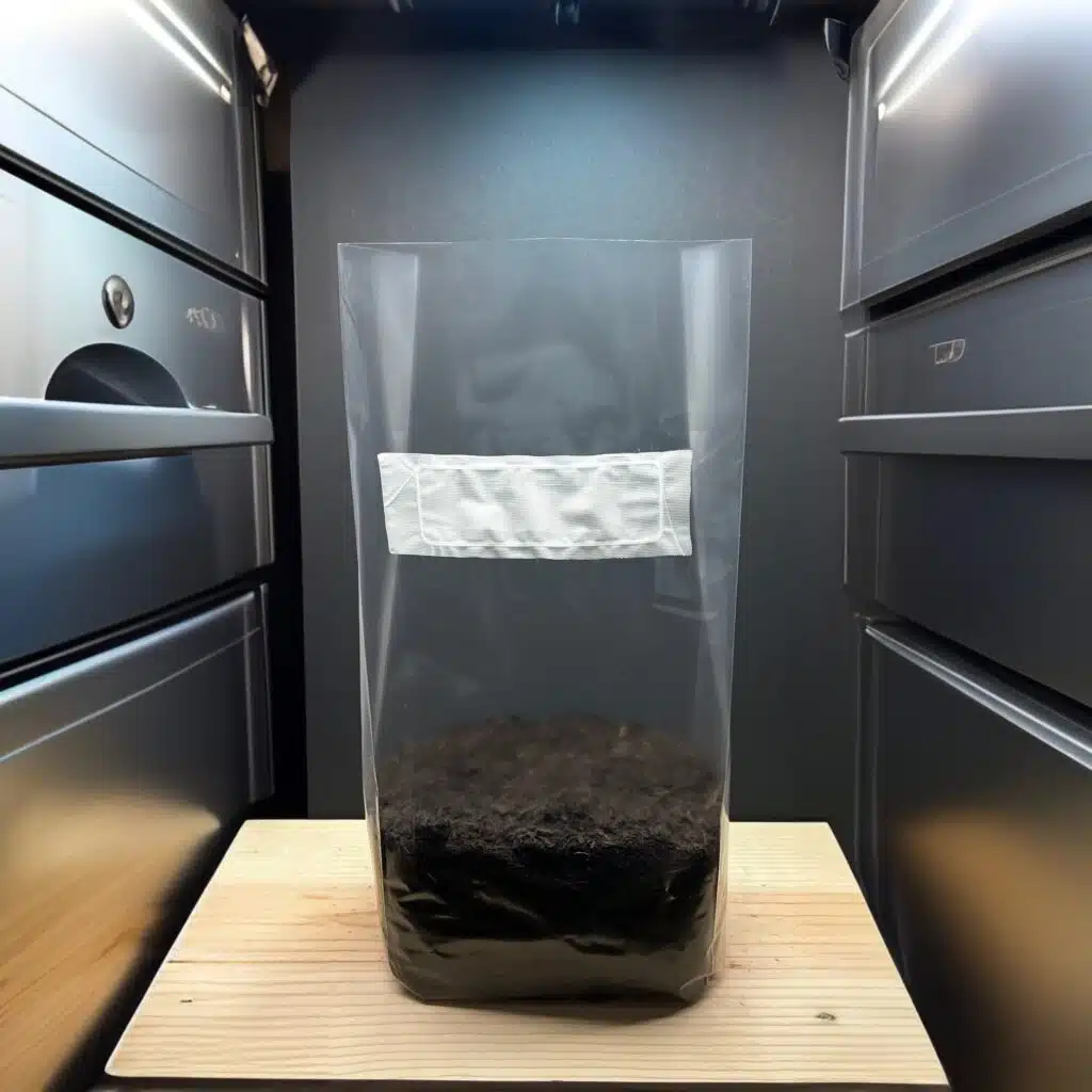 A clear unicorn mushroom grow bag filled with soil sits on a wooden surface between metal cupboards.