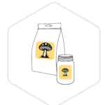 A jar and bag, both labelled with a mushroom icon, inside a hexagon outline—perfect for representing Mushroom Supplies Australia or quality mushroom farming supplies.