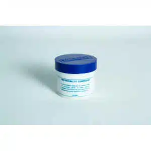 White jar with blue lid labelled "Silicone Grease Lubricant High Temp Vacuum – Metroark," used as a lubricant for mechanical parts.