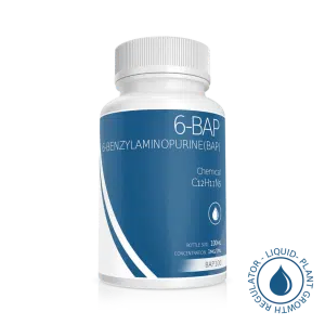 A white bottle labelled Plant Cell Benzylaminopurine (6-BAP) Solution 100ml, 1mg/1ml, with blue accents and a plant growth regulator logo in the corner.