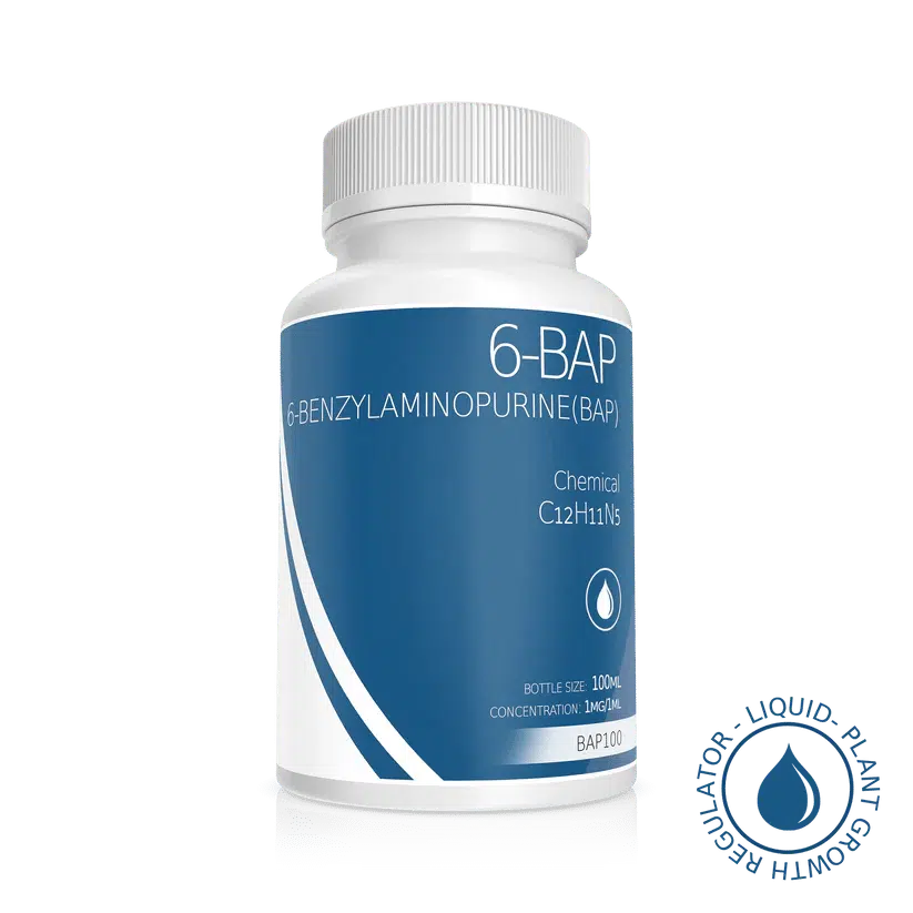 A white bottle labelled Plant Cell Benzylaminopurine (6-BAP) Solution 100ml, 1mg/1ml, with blue accents and a plant growth regulator logo in the corner.