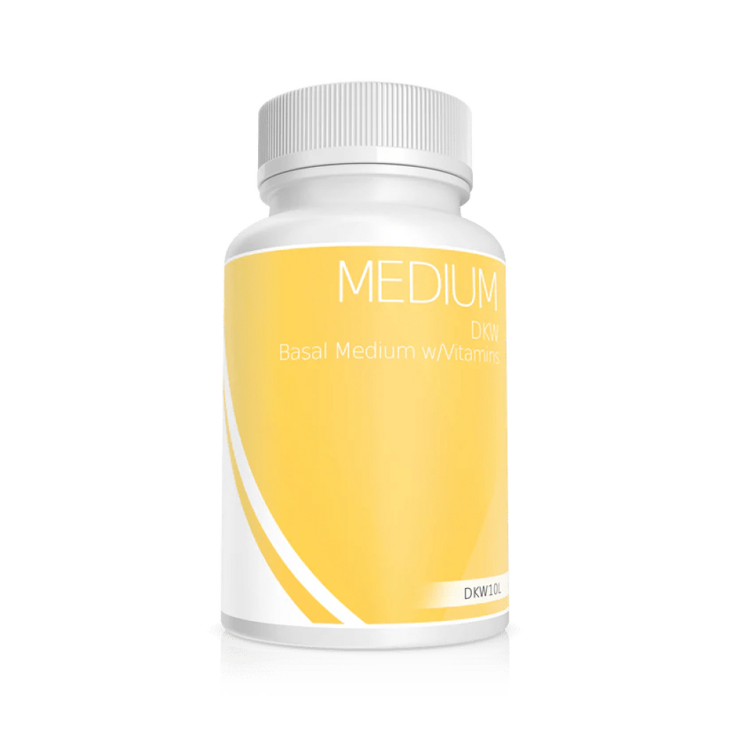 White bottle with a yellow label reading Plant Cell DKW Medium with Vitamins Powder.