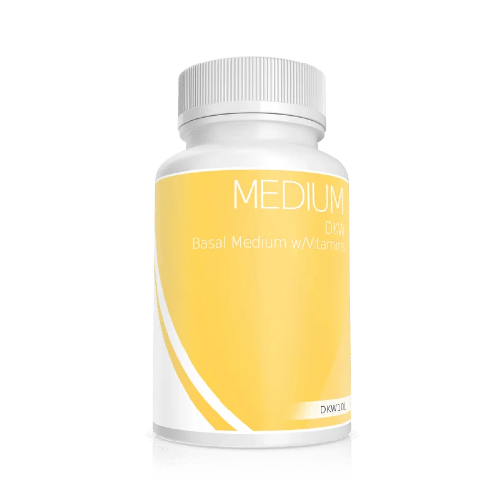 White bottle with a yellow label reading Plant Cell DKW Medium with Vitamins Powder.