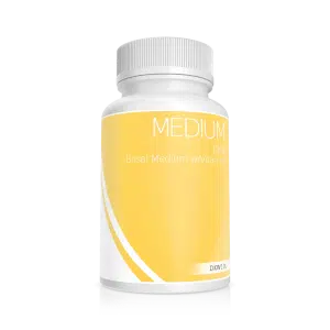White bottle with a yellow label reading Plant Cell DKW Medium with Vitamins Powder.