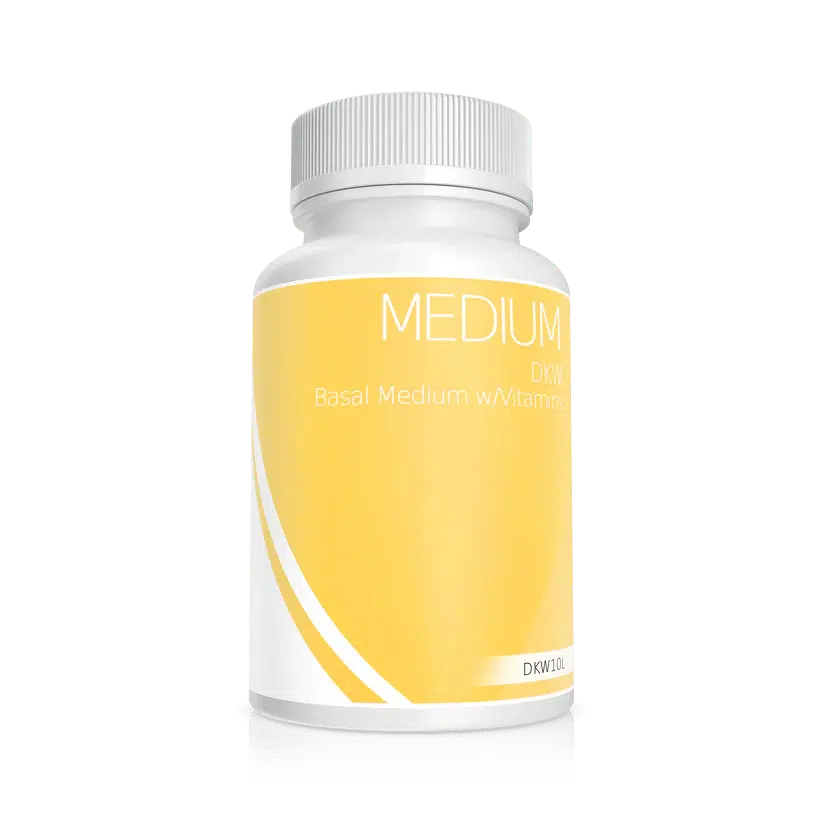 White bottle with a yellow label reading Plant Cell DKW Medium with Vitamins Powder.