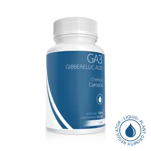A white bottle labelled Plant Cell Gibberellic Acid (GA3) Solution 100ml 1mg/1ml, with plant growth regulator text and a blue water droplet icon.