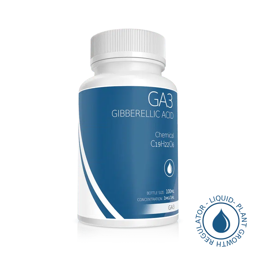 A white bottle labelled Plant Cell Gibberellic Acid (GA3) Solution 100ml 1mg/1ml, with plant growth regulator text and a blue water droplet icon.